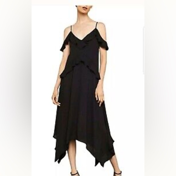 BCBG Maxazria - Sleeveless Ruffle Accent Asymmetrical Hem V-neck Black Dress - Picture 3 of 8